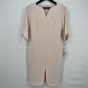 Light Blush Midi Dress with Notch Neck and Rolled Sleeves